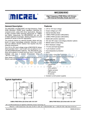 MIC2292 datasheet - High Frequency PWM White LED Drivers with Internal Schottky Diode and OVP