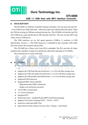 OTI-6888 datasheet - USB 1.1 USB Host with MP3 Interface Controller