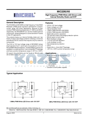 MIC2293-15BML datasheet - High Frequency PWM White LED Drivers with Internal Schottky Diode and OVP