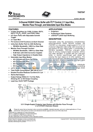 THS7347 datasheet - 3-Channel RGBHV Video Buffer with I2C Control, 2:1 Input Mux, Monitor Pass-Through, and Selectable Input Bias Modes