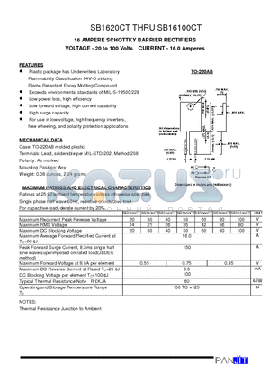 SB1620CT datasheet - 16 AMPERE SCHOTTKY BARRIER RECTIFIERS(VOLTAGE - 20 to 100 Volts CURRENT - 16.0 Amperes)