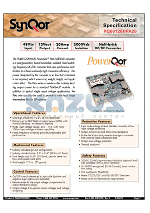 PQ60120HPA20PRF datasheet - Half-brick DC/DC Converter