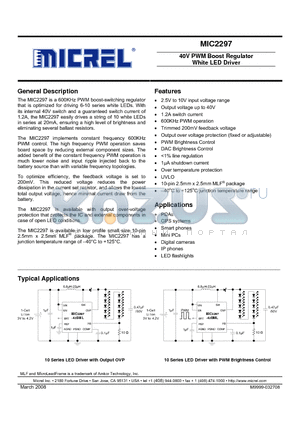 MIC2297-42YML datasheet - 40V PWM Boost Regulator White LED Driver