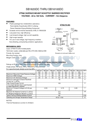 SB1620DC datasheet - D2PAK SURFACE MOUNT SCHOTTKY BARRIER RECTIFIER(VOLTAGE - 20 to 100 Volts CURRENT - 16.0 Amperes)