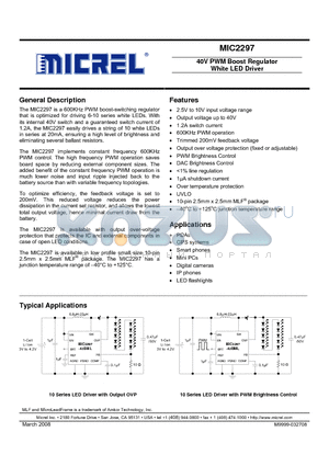 MIC2297_08 datasheet - 40V PWM Boost Regulator White LED Driver