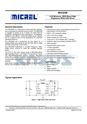 MIC2298_11 datasheet - 3.5A Minimum, 1MHz Boost High Brightness White LED Driver