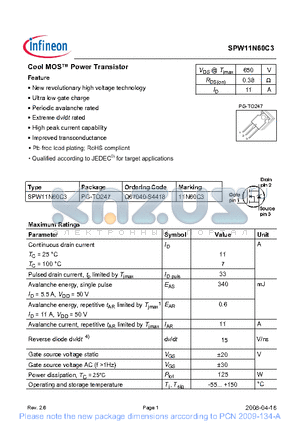 SPW11N60C3_08 datasheet - COOL MOS POWER TRANSISTOR