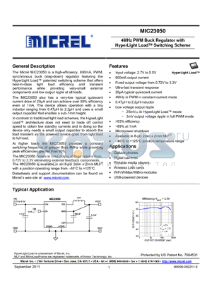 MIC23050-CYML datasheet - 4MHz PWM Buck Regulator with HyperLight Load Switching Scheme