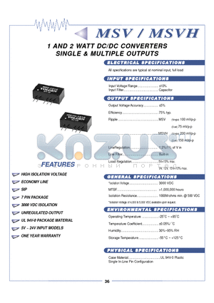 MSV-0505 datasheet - 1 AND 2 WATT DC//DC CONVERTERS SIINGLE & MULTIIPLE OUTPUTS