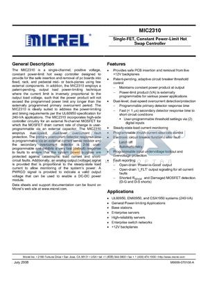 MIC2310-1ZTS datasheet - Single-FET, Constant Power-Limit Hot Swap Controller