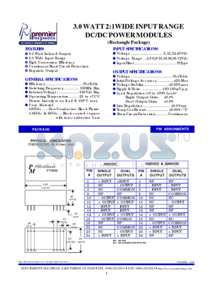 PDCS03009 datasheet - 3.0 WATT 2:1WIDE INPUT RANGE DC/DC POWER MODULES