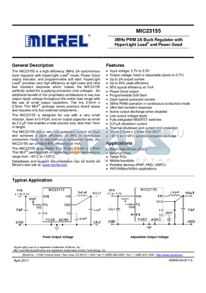 MIC23155YMT datasheet - 3MHz PWM 2A Buck Regulator with HyperLight Load and Power Good