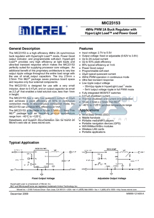 MIC23153 datasheet - 4MHz PWM 2A Buck Regulator with HyperLight Load and Power Good