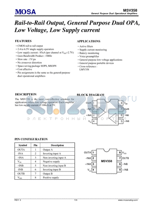 MSV358 datasheet - Rail-to-Rail Output Low Voltage, Low Supply Current General Purpose Dual OP Amps