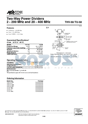 THV-50 datasheet - Two-Way Power Dividers 2 - 200 MHz and 20 - 400 MHz