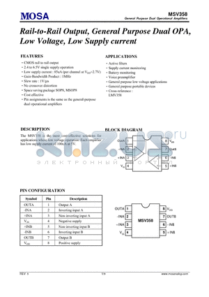 MSV358GTR datasheet - Rail-to-Rail Output, General Purpose Dual OPA, Low Voltage, Low Supply current