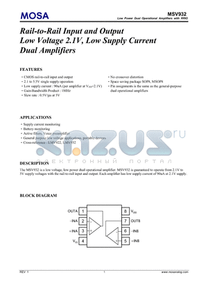 MSV932GU datasheet - Rail-to-Rail Input and Output Low Voltage 2.1V, Low Supply Current Dual Amplifiers