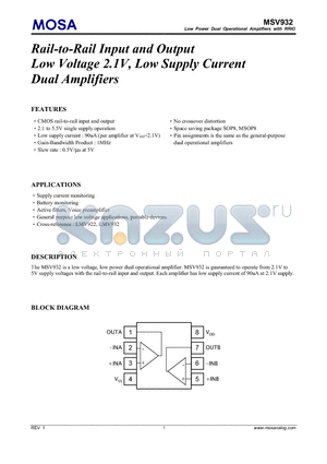 MSV932MGU datasheet - Rail-to-Rail Input and Output Low Voltage 2.1V, Low Supply Current Dual Amplifiers