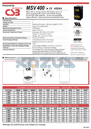 MSV400 datasheet - a long service life battery up to 15years expected life under normal float charge