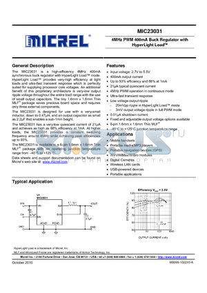 MIC23031-CYMT datasheet - 4MHz PWM 400mA Buck Regulator with HyperLight Load