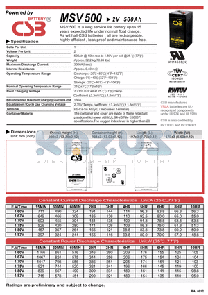 MSV500 datasheet - a long service life battery up to 15years expected life under normal float charge