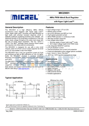 MIC23031-FYMT datasheet - 4MHz PWM 400mA Buck Regulator with Hyper Light Load