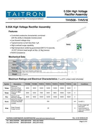 THV508 datasheet - 0.55A High Voltage Rectifier Assembly