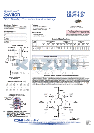 MSWT-4-20+ datasheet - 50ohm Transfer, DC to 2.0 GHz Low Video Leakage