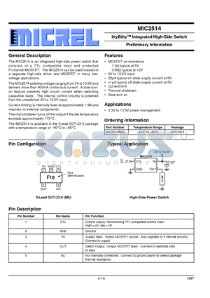 MIC2514 datasheet - IttyBitty Integrated High-Side Switch Preliminary Information