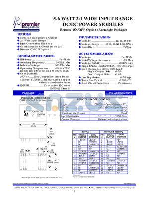 PDCS06053 datasheet - 5-6 WATT 2:1 WIDE INPUT RANGE DC/DC POWER MODULES Remote ON/OFF Option (Rectangle Package)