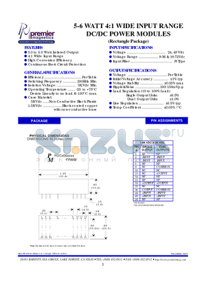 PDCS06073K datasheet - 5-6 WATT 4:1 WIDE INPUT RANGE DC/DC POWER MODULES (Rectangle Package)