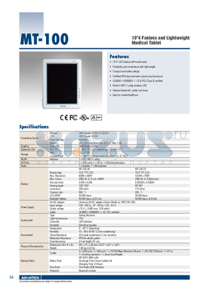 MT-100-TE datasheet - 10 4 Fanless and Lightweight Medical Tablet