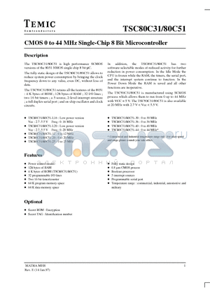 TSC80C31XXX-12AI datasheet - CMOS 0 to 44 MHz Single-Chip 8 Bit Microcontroller