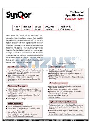 PQ60260HTB10NRF datasheet - Half-brick DC/DC Converter