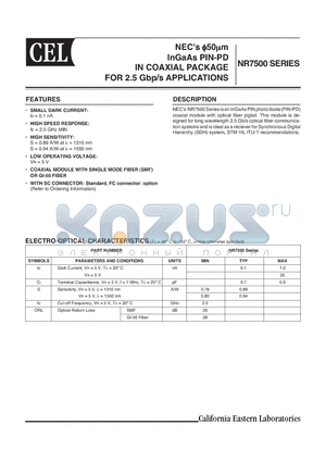 NR7500FP-BC-AZ datasheet - InGaAs PIN-PD IN COAXIAL PACKAGE FOR 2.5 Gbp/s APPLICATIONS