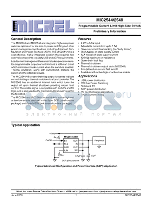 MIC2544 datasheet - Programmable Current Limit High-Side Switch Preliminary Information