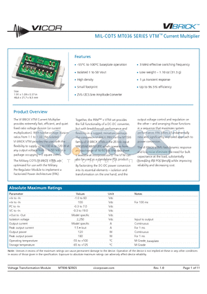 MT036A011M100FP datasheet - MIL-COTS MT036 SERIES VTM Current Multiplier