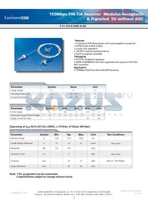 T-11-155-R-SMU-K datasheet - 155Mbps PIN-TIA Receiver Modules-Receptacle & Pigtailed 5V without AGC