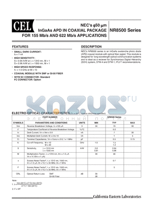 NR8500CR-CB-AZ datasheet - NECs 050 um InGaAs APD IN COAXIAL PACKAGE FOR 155 Mb/s AND 622 Mb/s APPLICATIONS