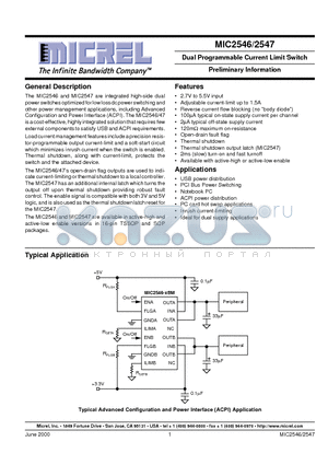 MIC2546 datasheet - Dual Programmable Current Limit Switch Preliminary Information