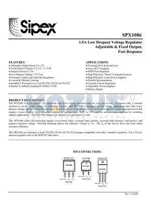 SPX1086AR datasheet - 1.5A Low Dropout Voltage Regulator Adjustable & Fixed Output, Fast Response