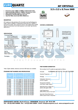 MT1010 datasheet - 3.2 x 2.5 x 0.7mm SMD
