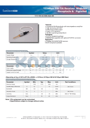 T-11-155-R3-SFC-AGC-GR datasheet - 155Mbps PIN-TIA Receiver Modules-Receptacle & Pigtailed