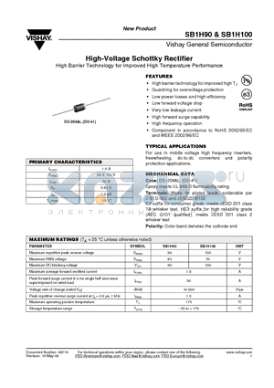 SB1H100-E3/73 datasheet - High-Voltage Schottky Rectifier High Barrier Technology for Improved High Temperature Performance