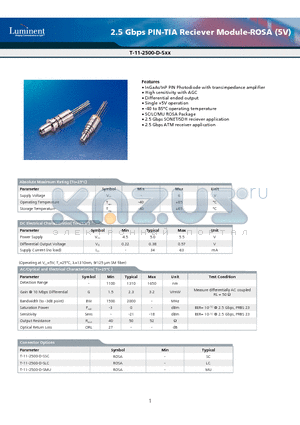 T-11-2500-D-SSC datasheet - 2.5 Gbps PIN-TIA Reciever Module-ROSA (5V)