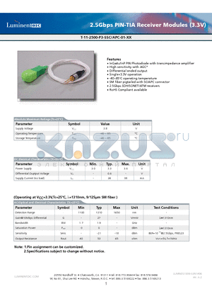 T-11-2500-P3-SSC-APC-01 datasheet - 2.5Gbps PIN-TIA Receiver Modules (3.3V)