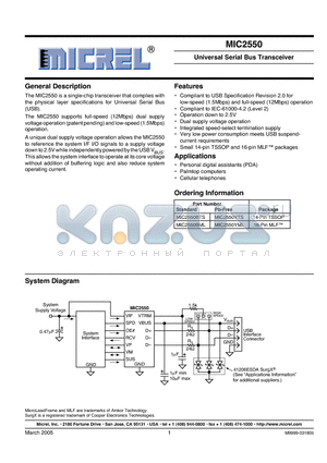 MIC2550 datasheet - Universal Serial Bus Transceiver