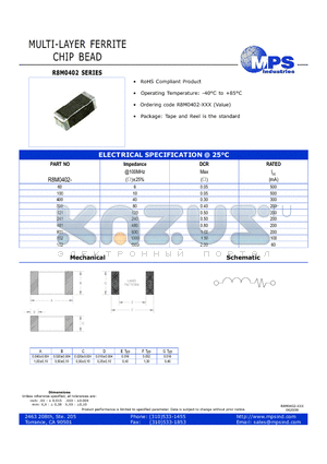 R8M0402-400 datasheet - MULTI-LAYER FERRITE CHIP BEAD