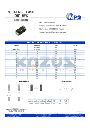 R8M0603-110 datasheet - MULTI-LAYER FERRITE CHIP BEAD