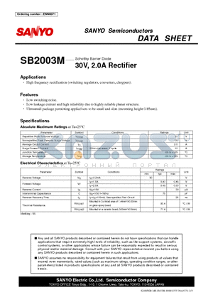 SB2003M datasheet - Schottky Barrier Diode 30V, 2.0A Rectifier